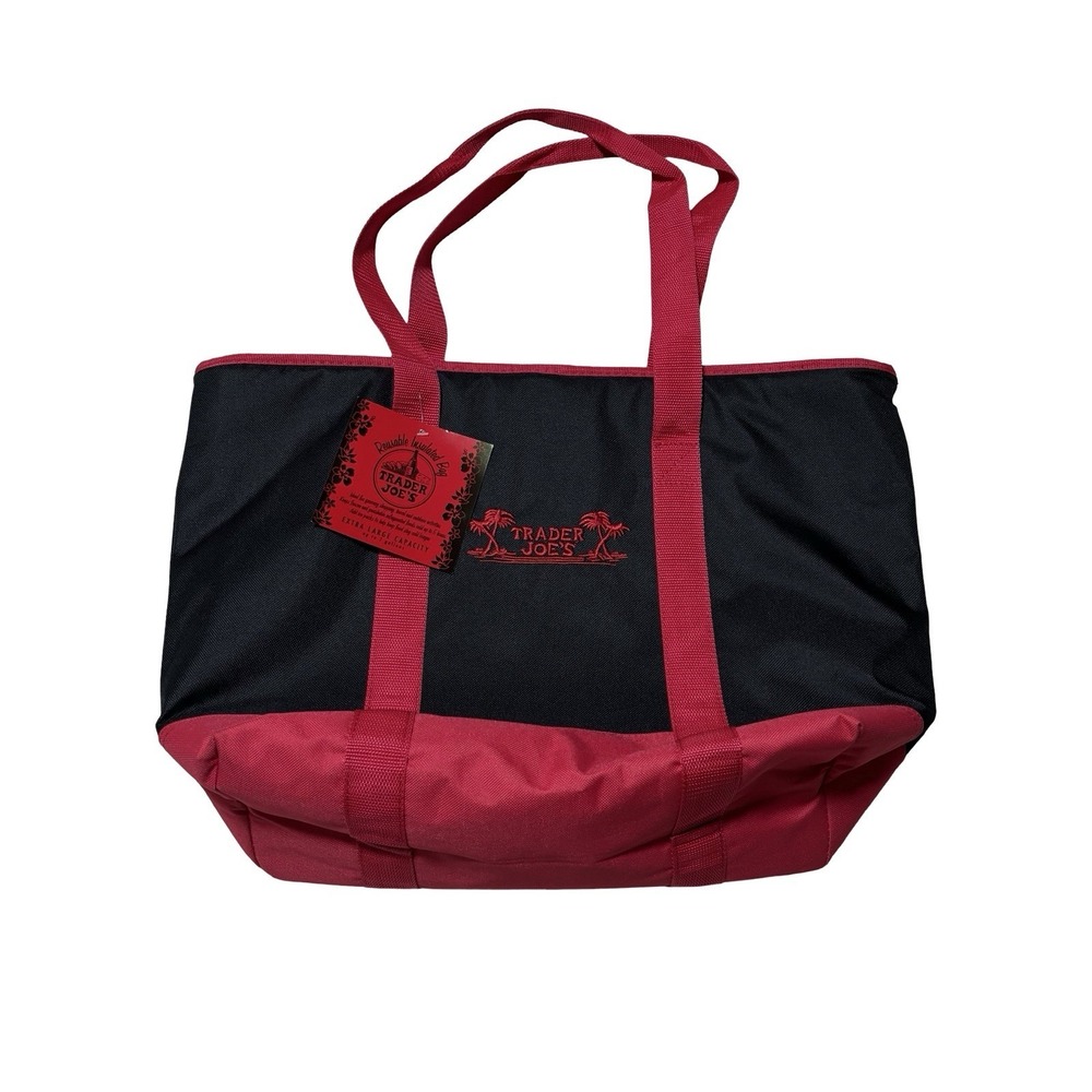 NWT Trader Joe's XL Insulated Tote Bag Black Red Reusable Grocery Cooler 7 Gal